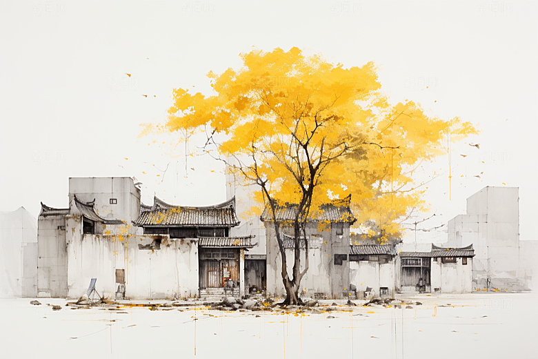 水墨江南手绘小镇插画