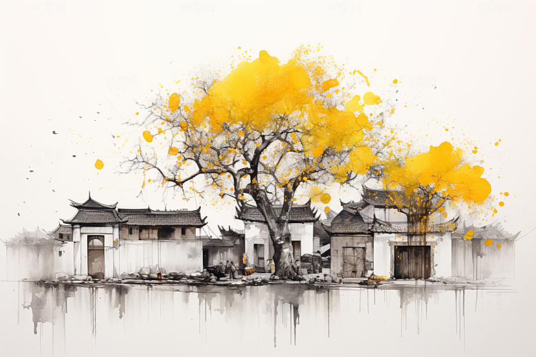 水墨江南小桥流水中式插画