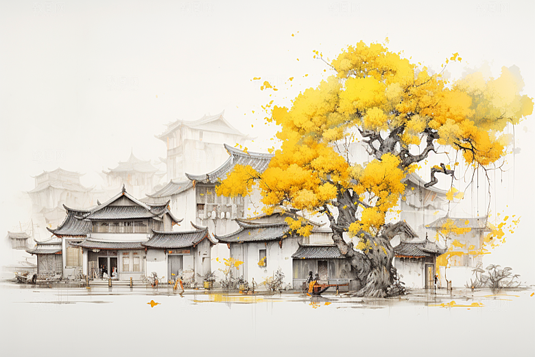 水墨江南小镇水彩插画