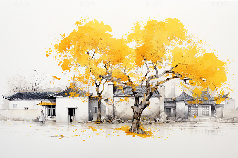 水墨江南水乡晕染插画