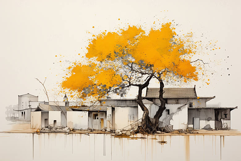 水墨江南小桥流水水乡插画