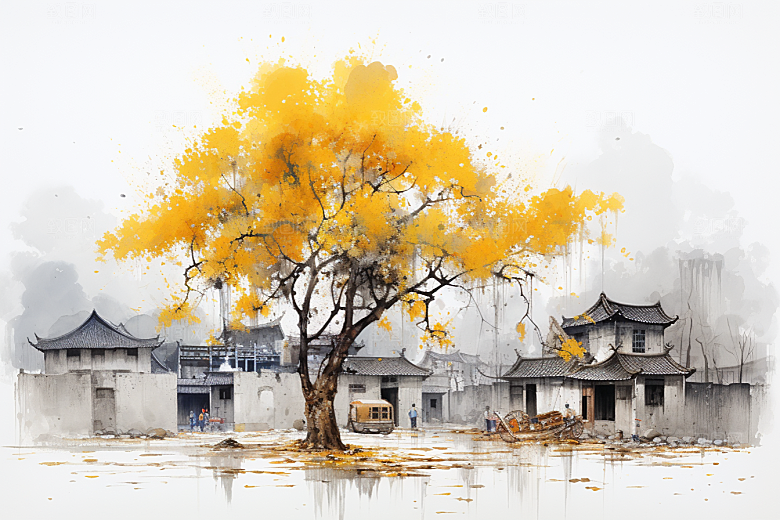 水墨江南水彩水乡插画