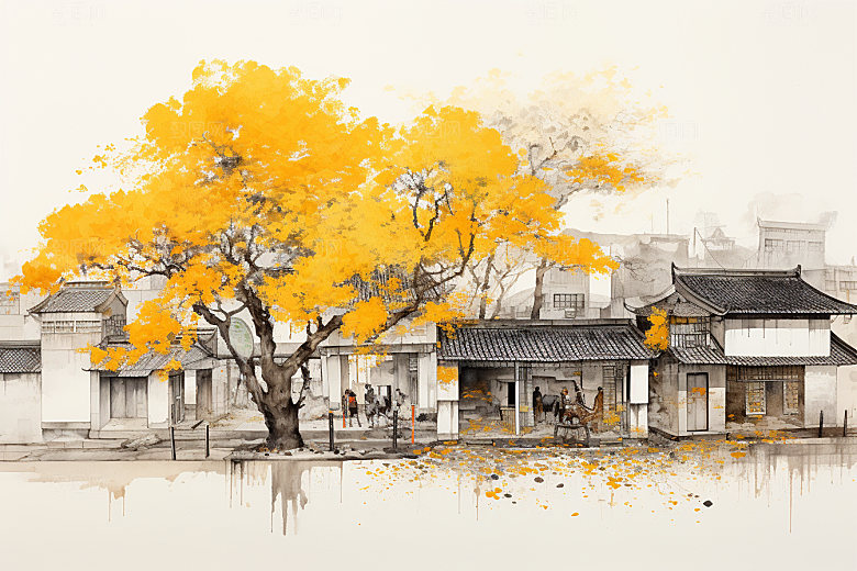 水墨江南水乡晕染插画