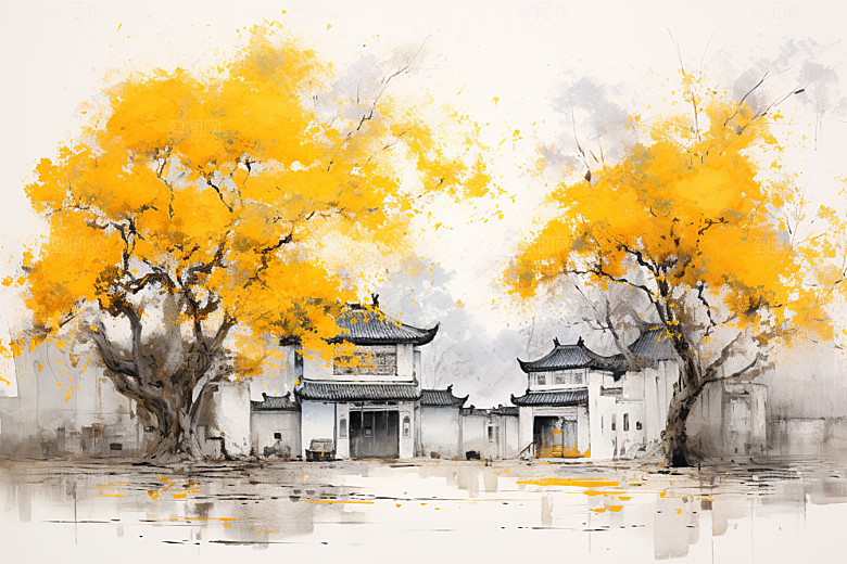 水墨江南小桥流水晕染插画