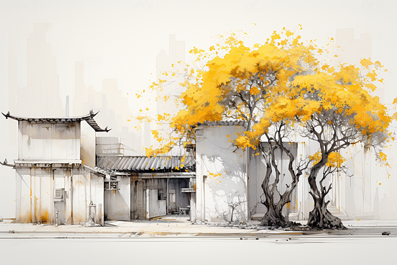 水墨江南小镇水乡插画