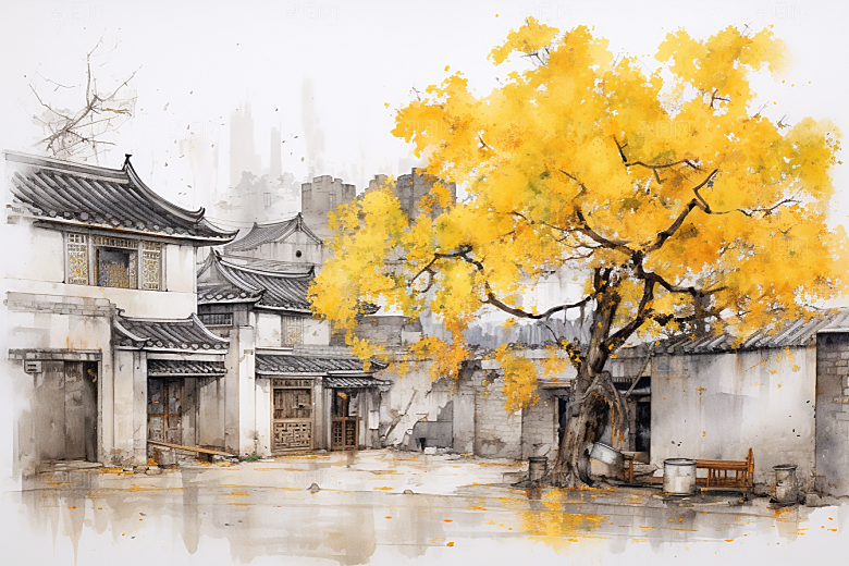 水墨江南中国风小镇插画