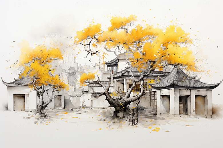 水墨江南水彩晕染插画