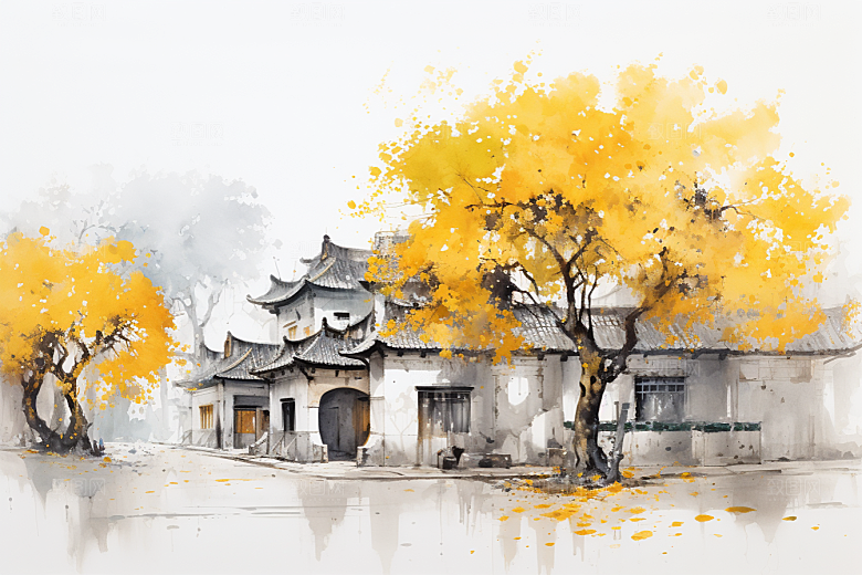 水墨江南小桥流水晕染插画