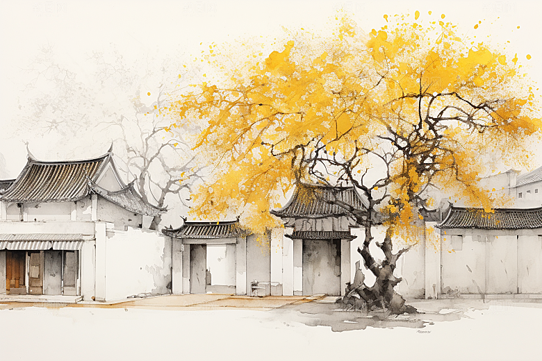 水墨江南水彩小桥流水插画