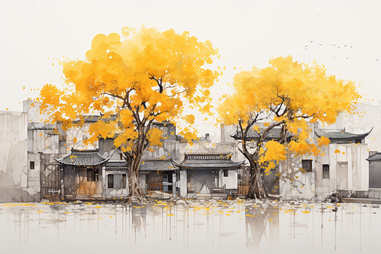 水墨江南水彩粉墙黛瓦插画