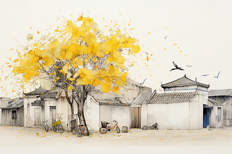 水墨江南小桥流水晕染插画