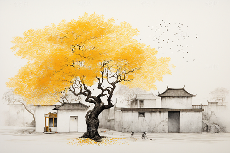 水墨江南中式小桥流水插画