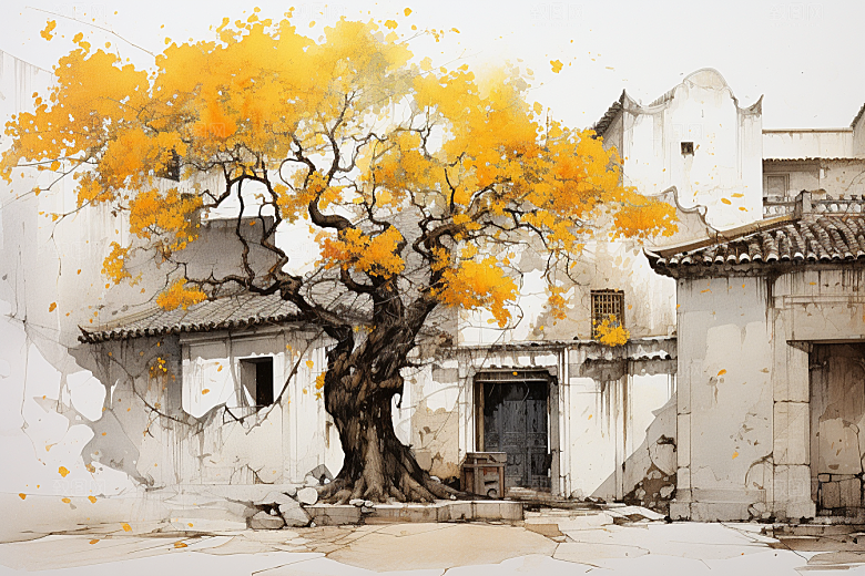 水墨江南中国风粉墙黛瓦插画