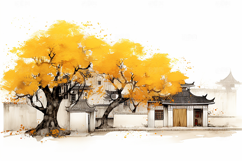 水墨江南粉墙黛瓦水彩插画