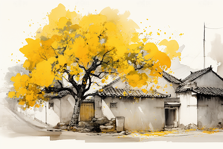 水墨江南粉墙黛瓦小桥流水插画