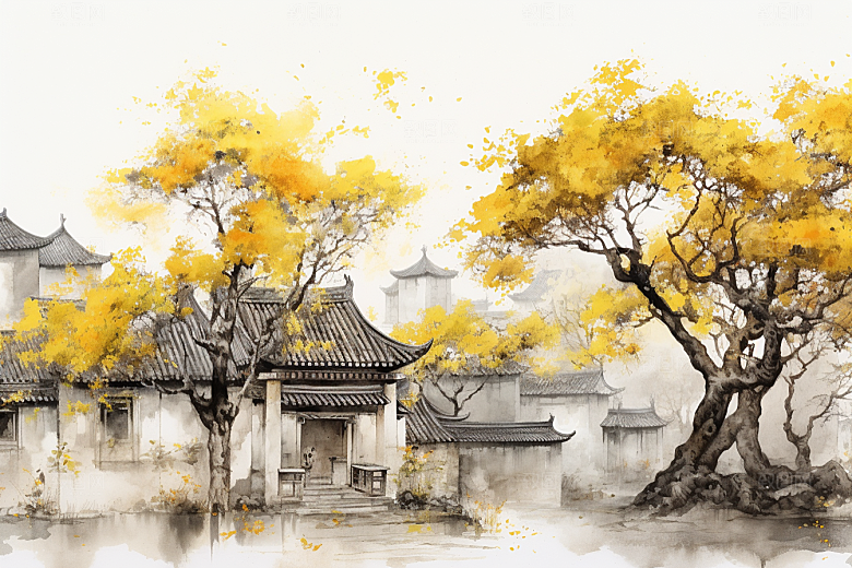 水墨江南小镇中国风插画