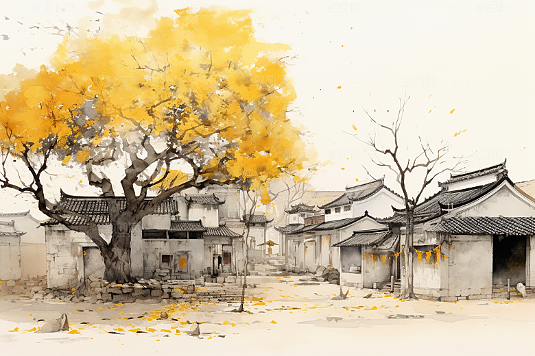 水墨江南小镇小桥流水插画