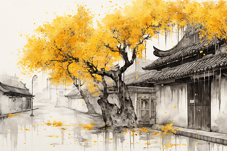 水墨江南水乡小镇插画