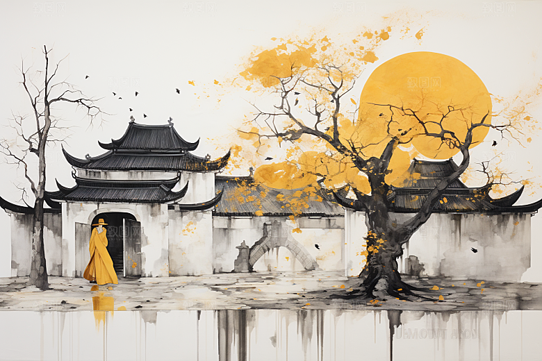 水墨江南小桥流水粉墙黛瓦插画
