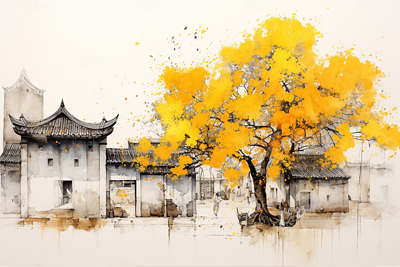水墨江南晕染手绘插画