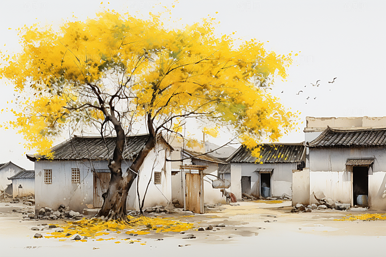 水墨江南水乡水彩插画