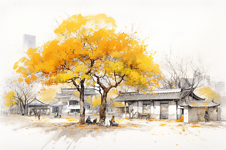 水墨江南水彩小镇插画