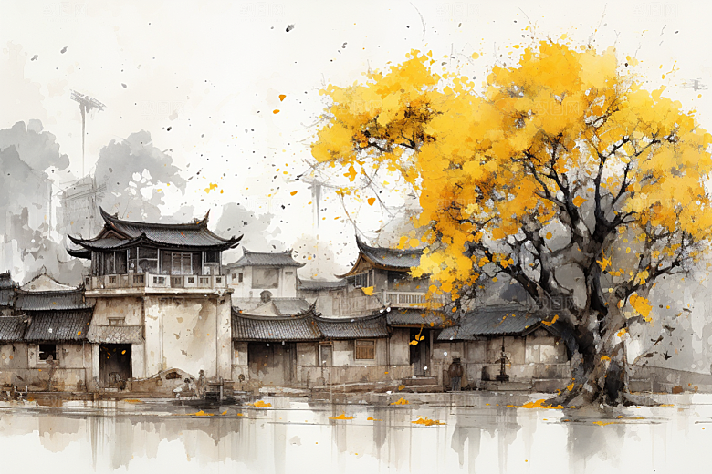 水墨江南晕染水彩插画