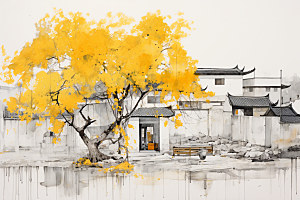 水墨江南小桥流水晕染插画