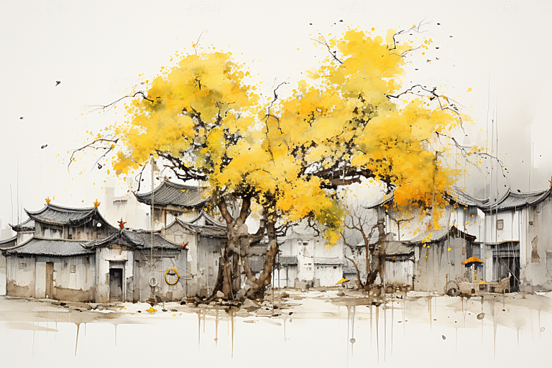 水墨江南小镇水彩插画