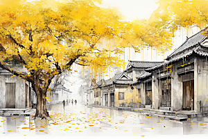 水墨江南粉墙黛瓦中式插画