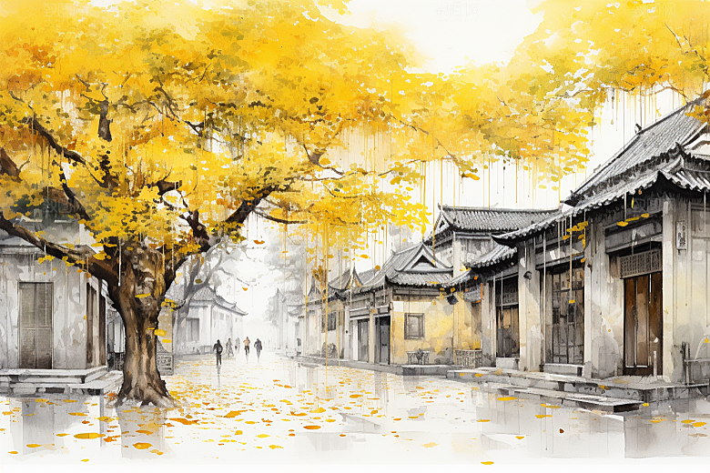 水墨江南粉墙黛瓦中式插画