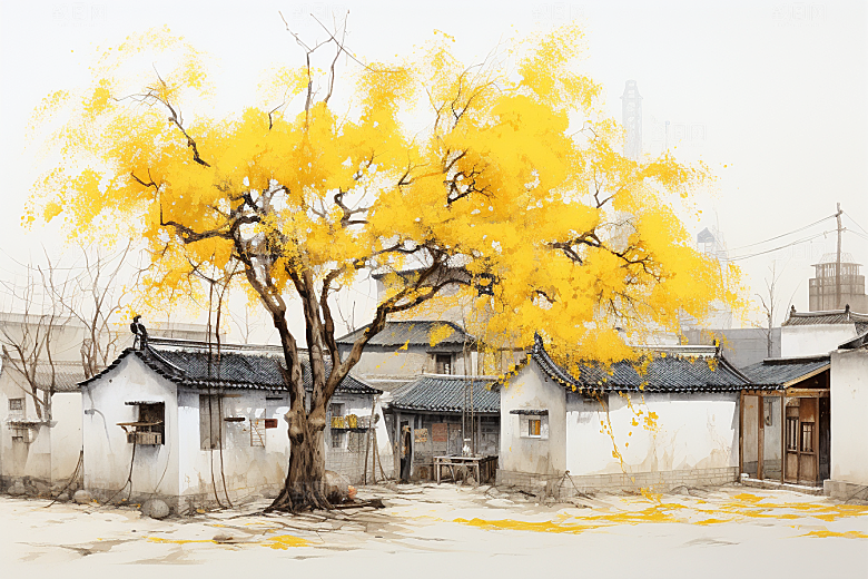 水墨江南水乡手绘插画