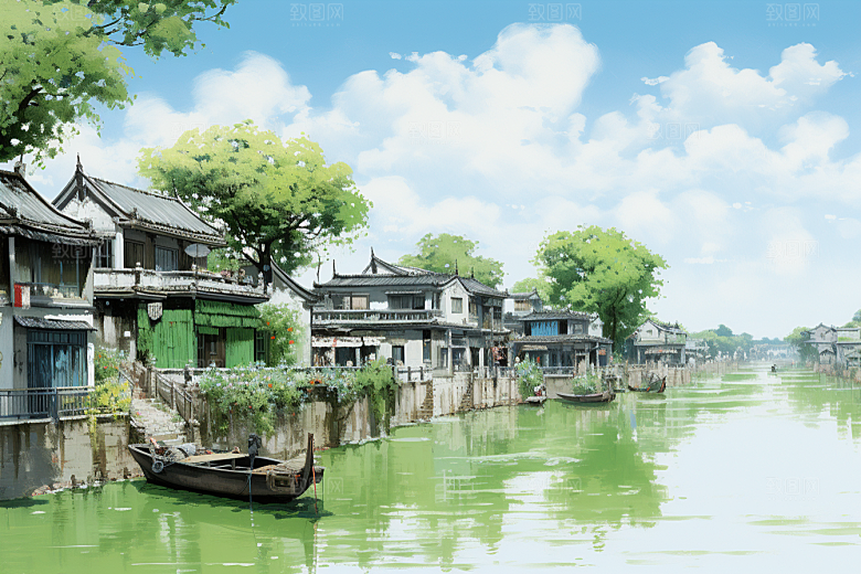 水墨江南手绘小桥流水插画