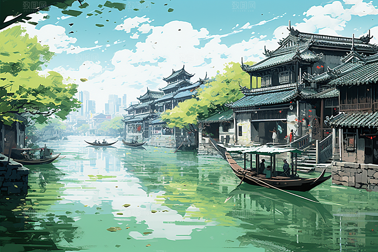 水墨江南小桥流水小镇插画