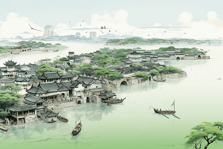 水墨江南水乡中国风插画