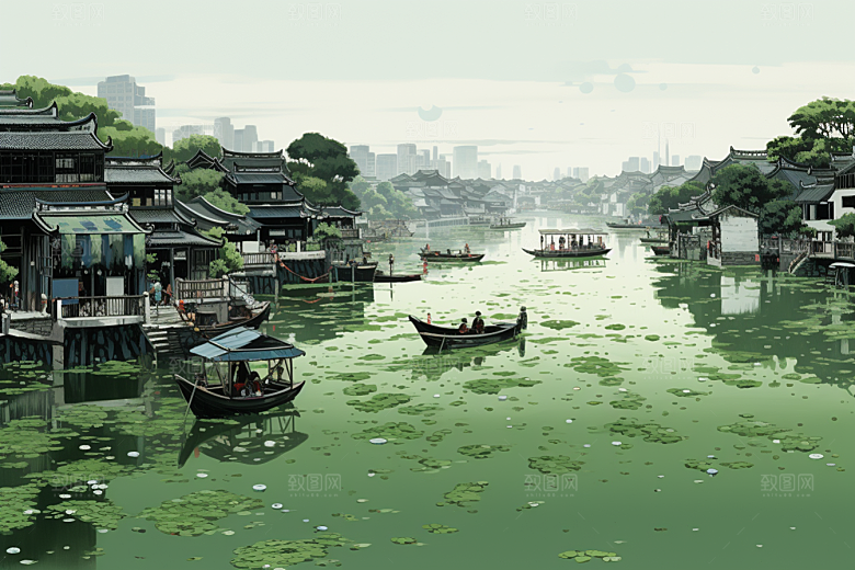 水墨江南粉墙黛瓦中国风插画