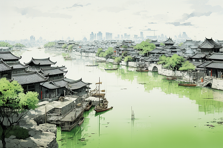水墨江南手绘小镇插画