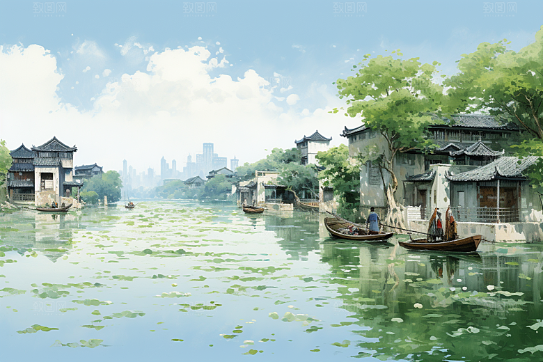 水墨江南小镇中式插画