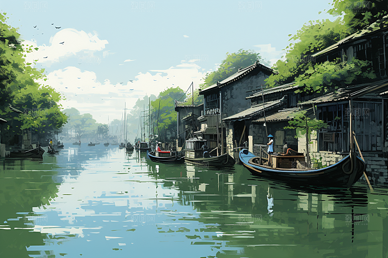 水墨江南中国风晕染插画