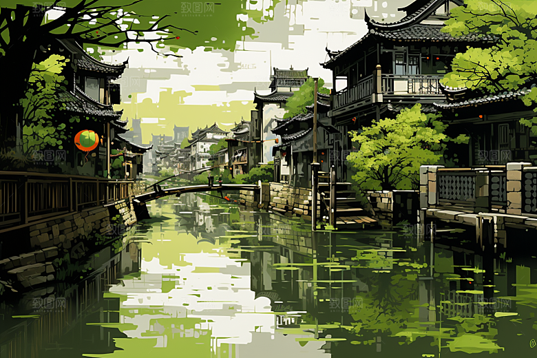 水墨江南中式小桥流水插画
