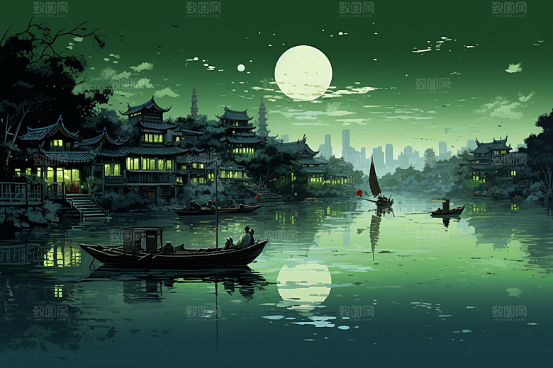 水墨江南水乡手绘插画