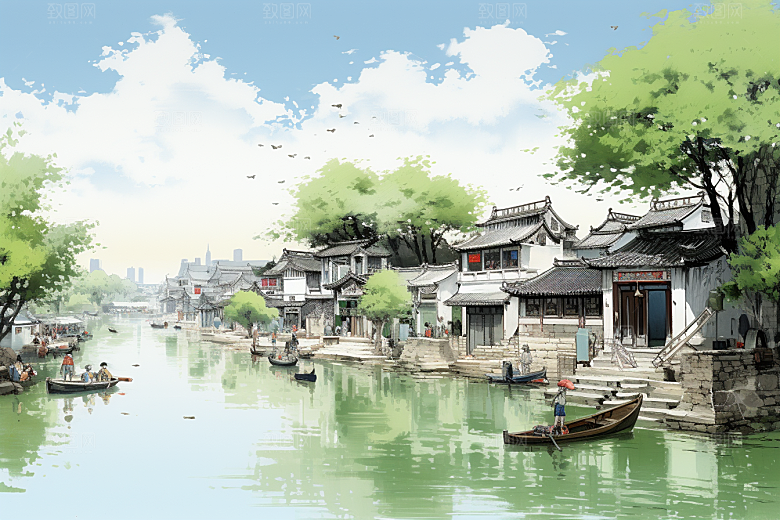 水墨江南小桥流水水乡插画