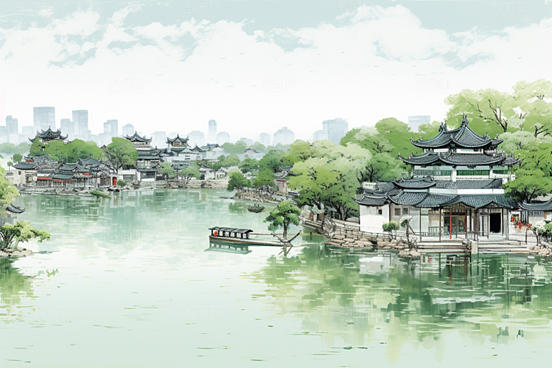 水墨江南小镇粉墙黛瓦插画