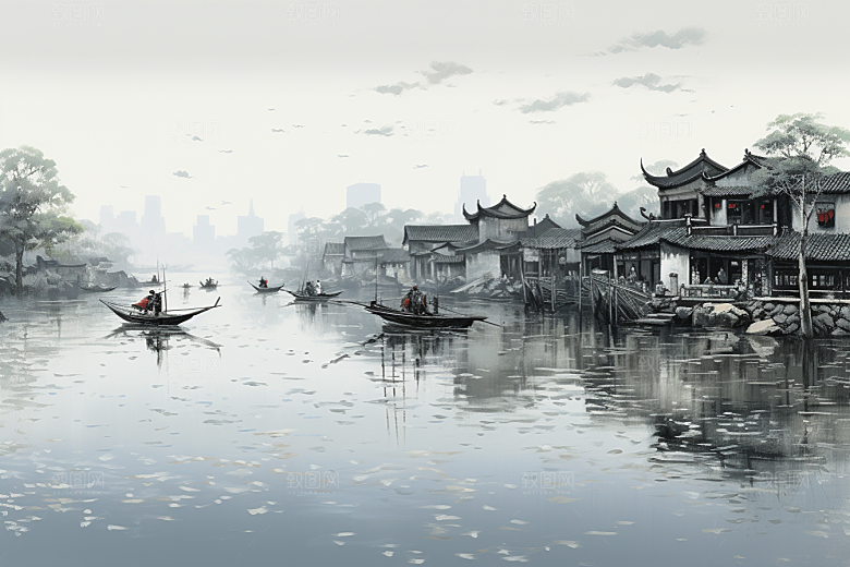 水墨江南粉墙黛瓦手绘插画
