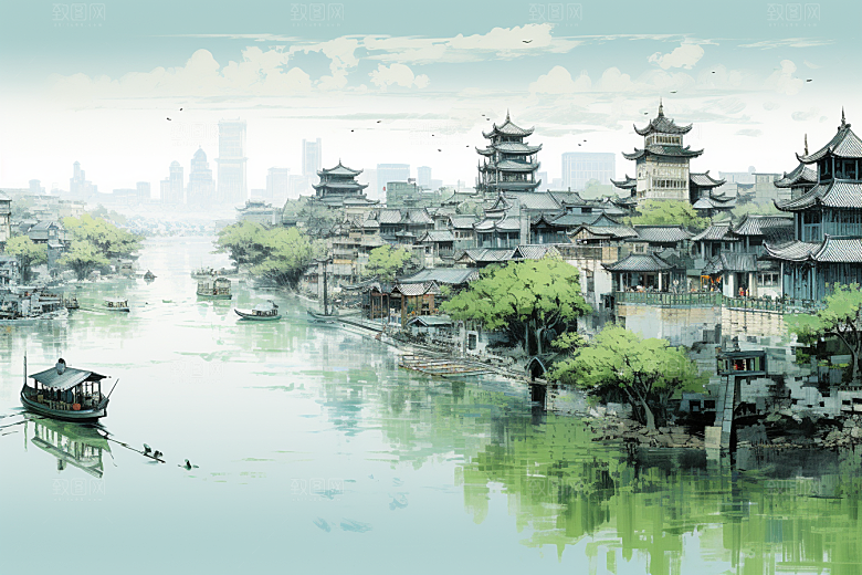 水墨江南水乡手绘插画