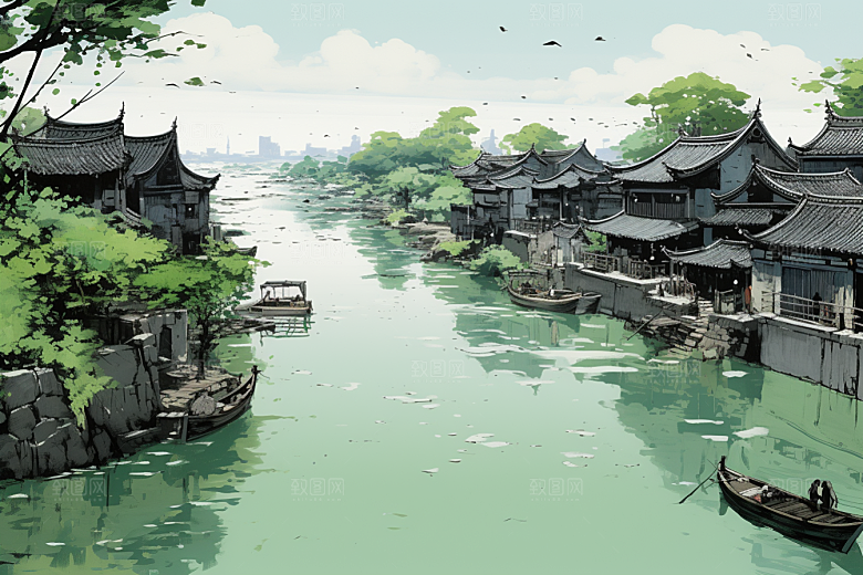 水墨江南粉墙黛瓦中式插画