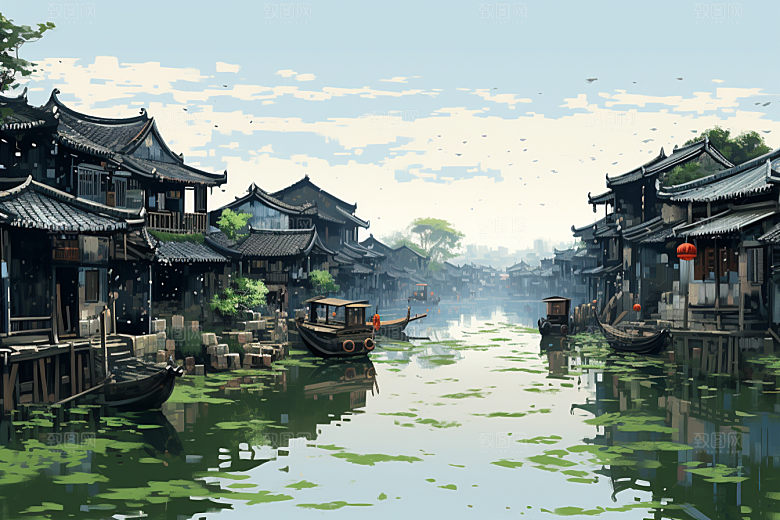 水墨江南小桥流水粉墙黛瓦插画