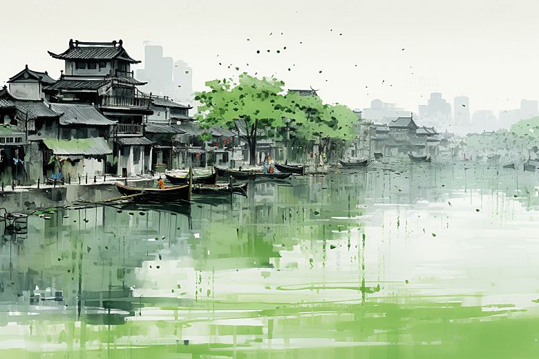 水墨江南中式小桥流水插画