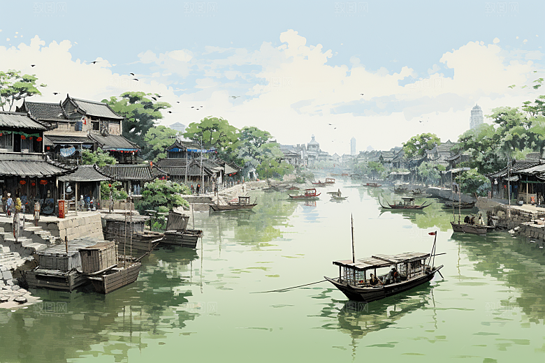 水墨江南中式水彩插画