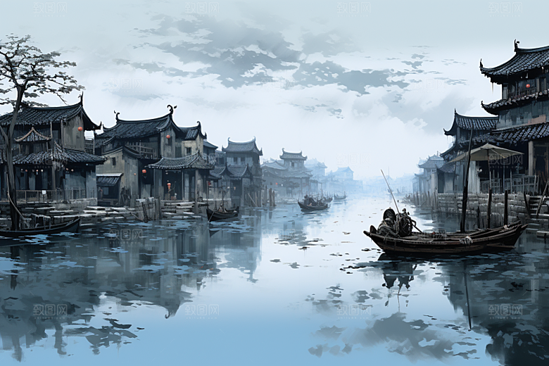 水墨江南小镇中国风插画